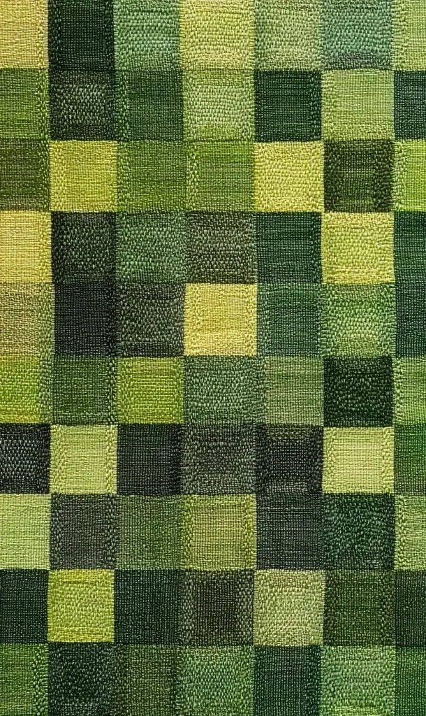 The image shows a textile pattern composed of numerous squares in varying shades of green.  The squares are arranged in a grid, creating a checkered effect. The texture of the fabric appears subtly woven, with slight variations in tone and depth within each square. The overall color palette is muted and earthy, ranging from deep forest green to pale olive.