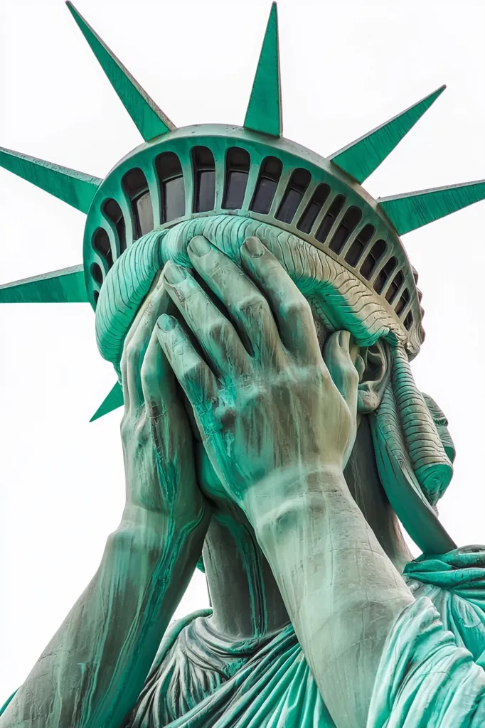 A close-up view of the Statue of Liberty's face, obscured by her hands covering her eyes.  The iconic crown and details of the statue's weathered copper patina are visible. The image creates a sense of sorrow or despair, contrasting the usual symbol of hope and freedom. The focus is on the hands and facial features, emphasizing the emotional impact of the pose.