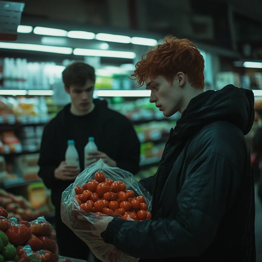 A young man with vibrant red hair holds a plastic bag filled with cherry tomatoes in a dimly lit grocery store.  Another man stands in the background, holding milk cartons. The overall atmosphere is moody and slightly melancholic, with a focus on the central figure and the contrast between the bright red tomatoes and the dark setting.  The scene suggests a quiet moment of shopping.