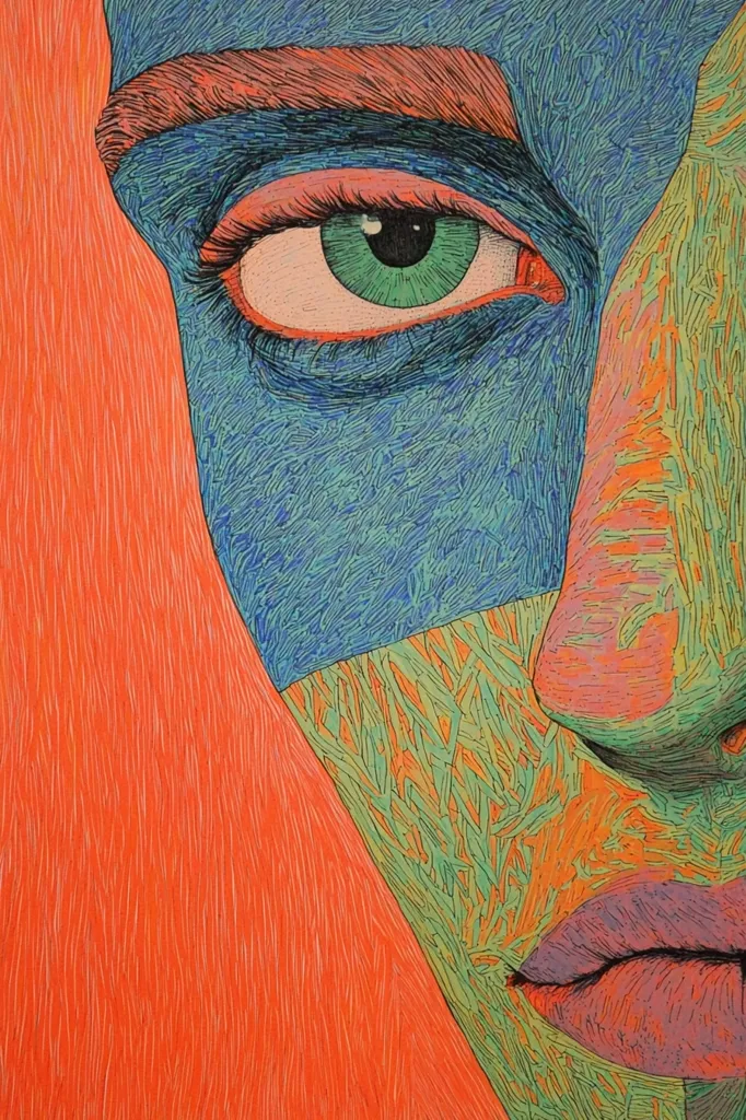 A vibrant close-up of a stylized female face, rendered in a striking array of colors and meticulous linework.  The artist employs a hatched technique, creating a textured effect.  The eye, a captivating green, is central, surrounded by shades of blue, orange, and green that define the face’s features.  The overall aesthetic is bold and expressive.