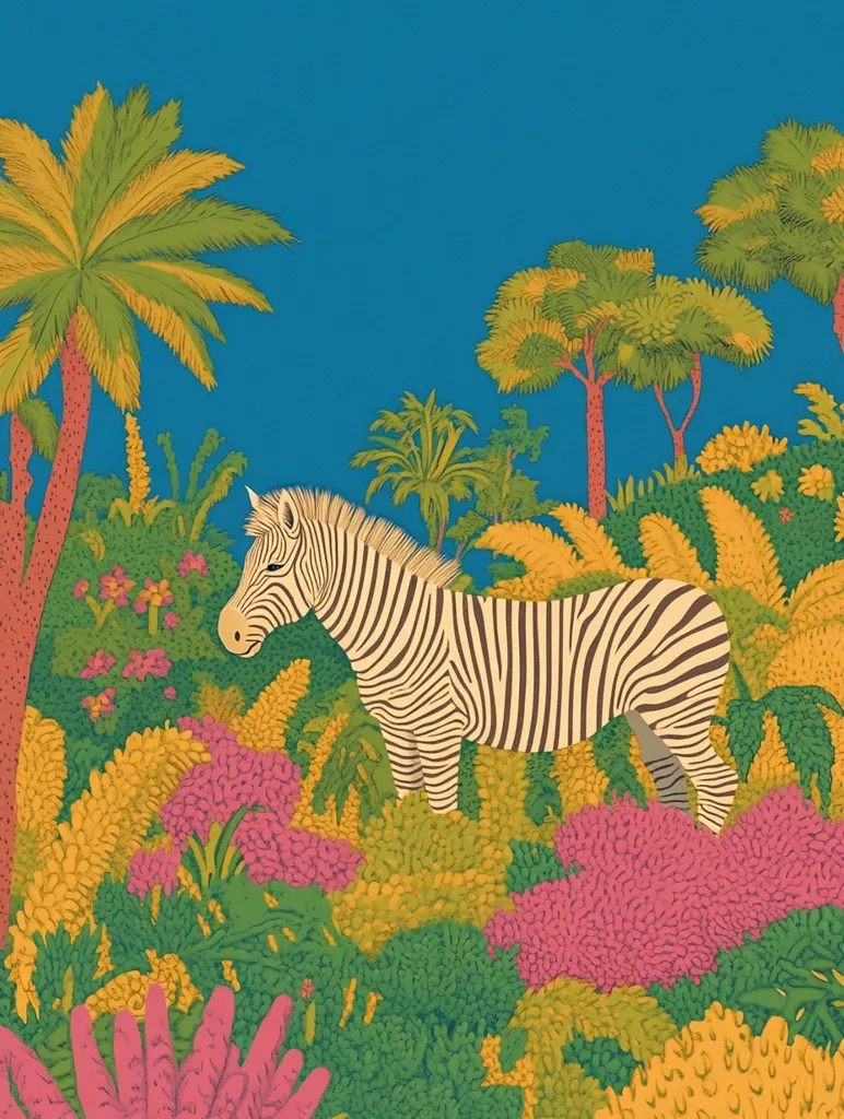 A stylized zebra stands amidst a vibrant, lush tropical landscape.  Palm trees and flowering plants in bold, saturated colors of yellow, pink, and green dominate the scene against a bright turquoise sky. The artistic style is reminiscent of mid-century illustration, with a focus on flat shapes and bold outlines. The overall impression is one of vibrant, exotic beauty.