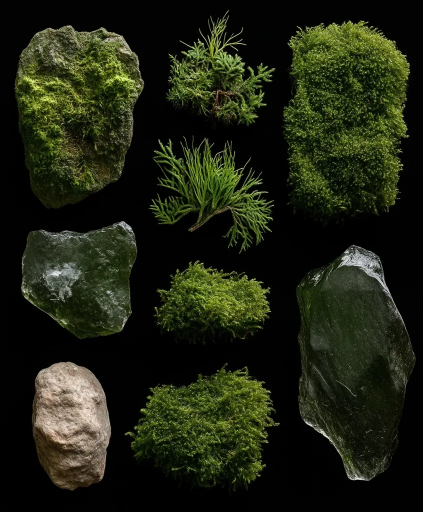 A studio shot against a black background showcases various textures and shades of green.  The arrangement includes several specimens of moss in different forms, alongside various stones and rocks, some appearing smooth and others rough.  The overall effect creates a visually appealing contrast of organic and inorganic materials.  The lighting highlights the depth and color variations within each element.