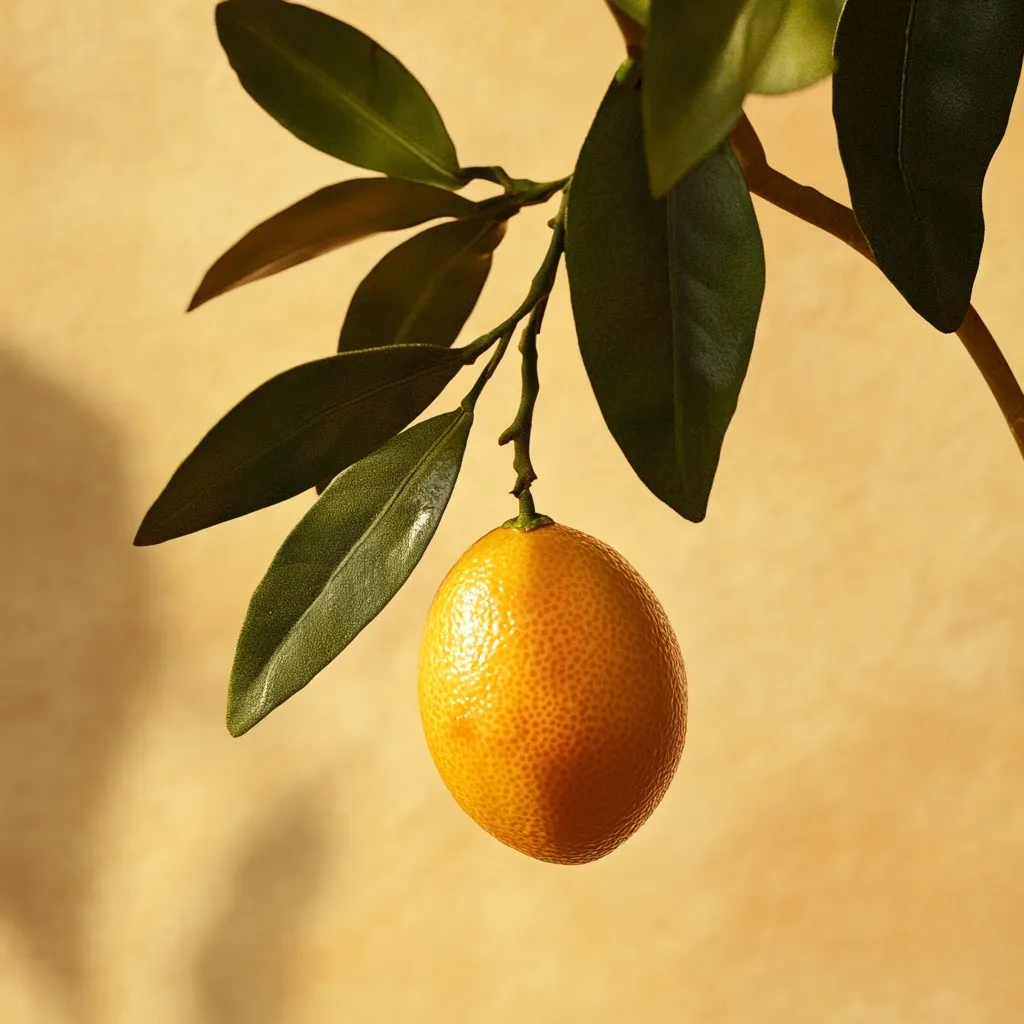 A single kumquat hangs from a branch adorned with vibrant green leaves against a muted beige backdrop.  The sunlight casts a warm glow on the fruit, highlighting its textured skin. The image evokes a sense of freshness and simplicity, emphasizing the beauty of a single, ripe citrus fruit.