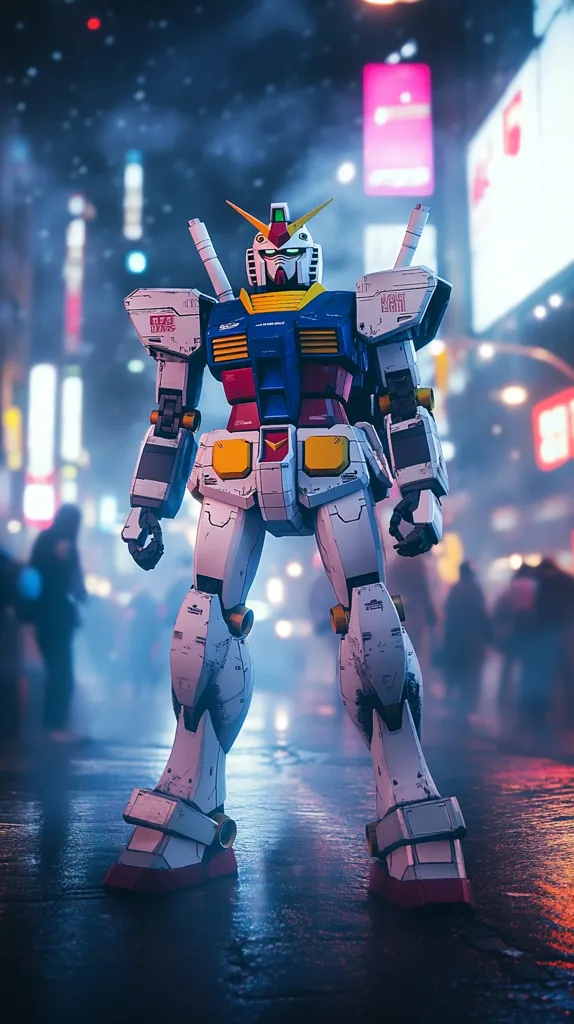 A highly detailed RX-78-2 Gundam stands in a rain-slicked city street at night.  Neon lights illuminate the background, creating a vibrant contrast against the mecha's weathered paint.  The Gundam is depicted with a sense of realism, showcasing its intricate design and imposing stature amidst blurred, indistinct figures of pedestrians. The scene blends futuristic mecha design with a modern urban setting.