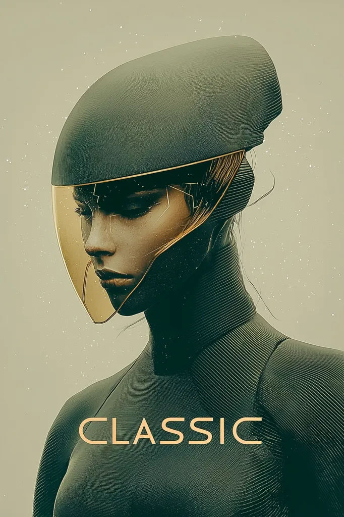 A stylized portrait of a woman wearing a futuristic helmet with a transparent amber visor.  The helmet and her bodysuit are dark teal, textured, and sleek.  The word "CLASSIC" is prominently displayed across her chest in a gold sans-serif font. The background is a muted, light beige with subtle speckles.  The overall aesthetic is minimalist and evokes a sense of retrofuturism.