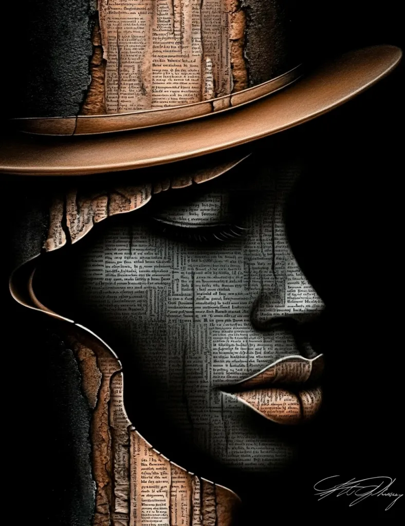 A striking portrait, rendered in shades of brown and black, depicts a woman's face subtly formed from fragmented pages of old text.  The text appears layered and textured, creating a sense of depth and age. She wears a wide-brimmed hat, adding to the mysterious and contemplative mood. The artwork's dark background emphasizes the contrast and detail within the face. The artist's signature is subtly placed in the bottom right corner.