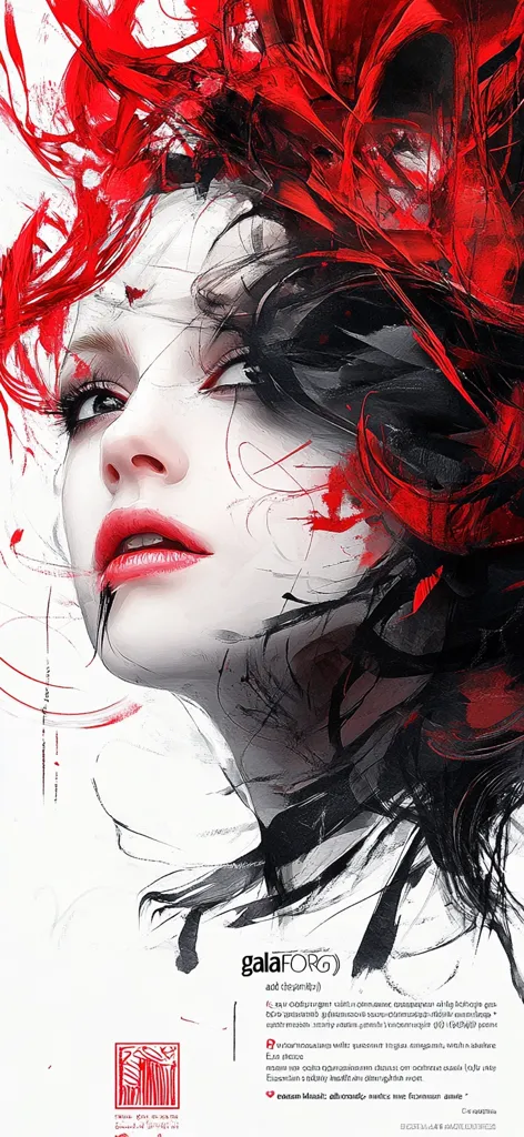 A stylized portrait of a woman's face, dominated by vibrant red and black brushstrokes. Her expression is serene, yet the bold colors and abstract elements create a dramatic effect. The artwork blends realism with abstract expressionism, showcasing a dynamic interplay of textures and tones.  The artist's signature and text are visible at the bottom.