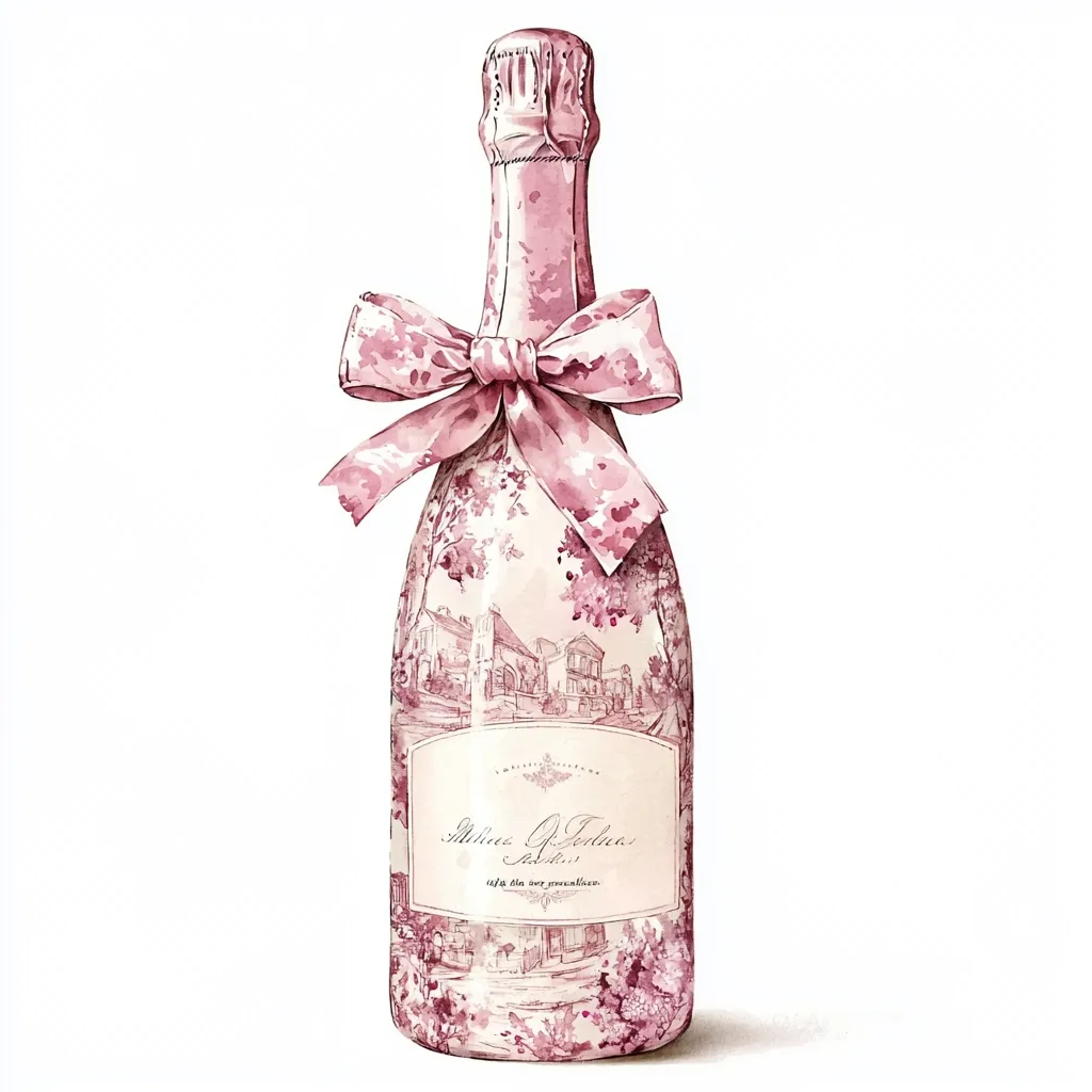 A watercolor illustration depicts a bottle of champagne adorned with a delicate pink ribbon bow.  The bottle's label features a charming vintage illustration, likely representing a chateau or estate.  The overall style is romantic and elegant, suggestive of a celebratory occasion or a luxurious gift. The pink hues create a soft and sophisticated aesthetic.
