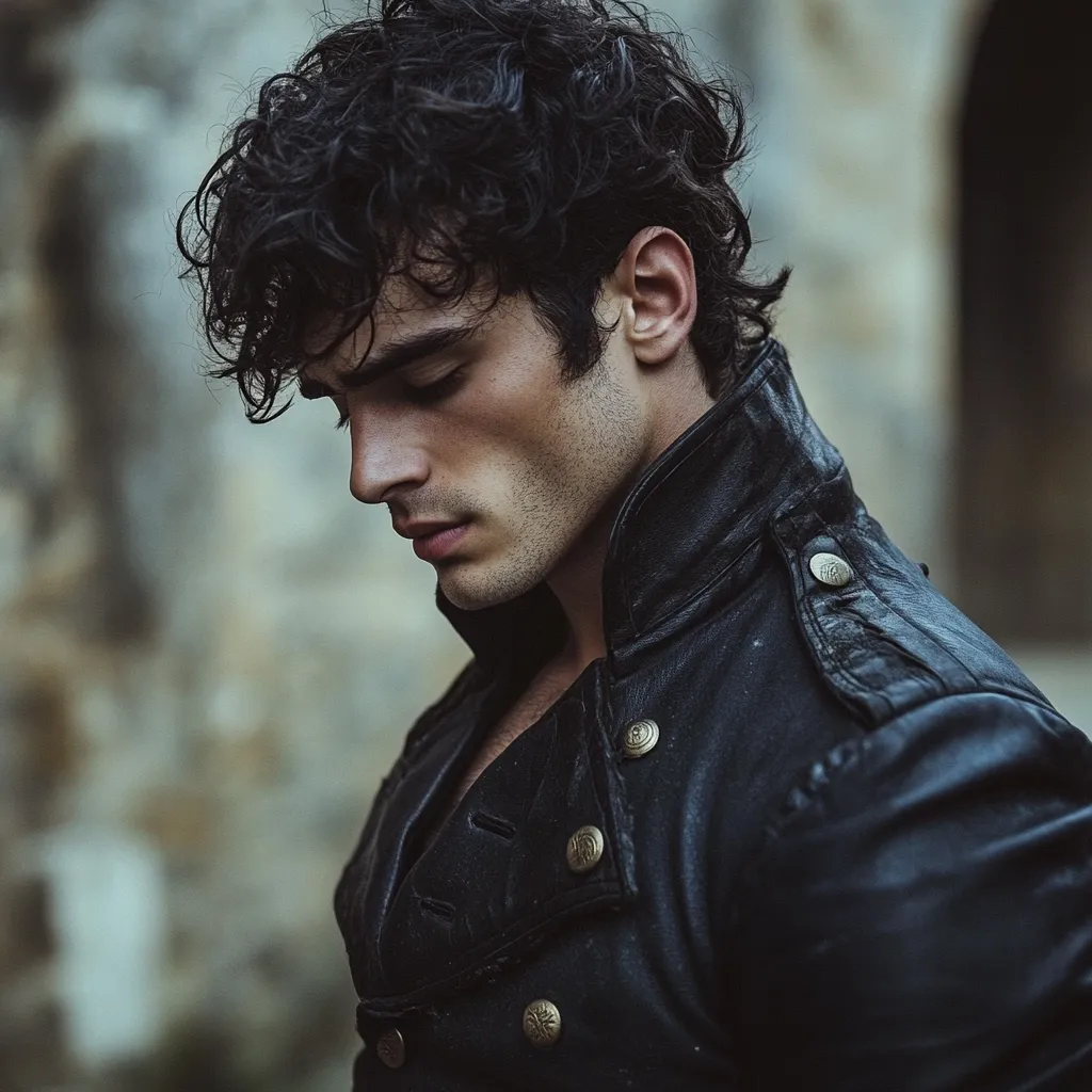 A young man with dark, curly hair looks down, his gaze cast towards the ground. He's wearing a black leather military-style jacket with decorative buttons, adding a touch of ruggedness to his appearance. The background is blurred, focusing attention on his expressive face and the texture of his jacket.  His expression is serious and thoughtful.