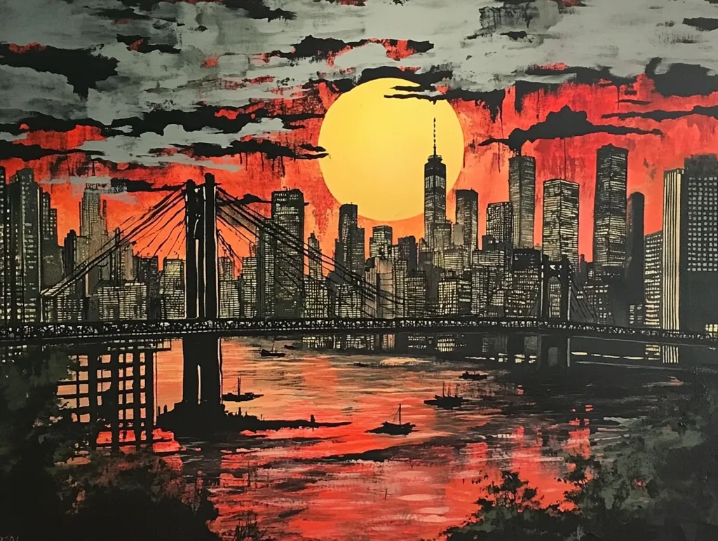 A vibrant cityscape painting depicts a dramatic sunset over New York City.  A large, yellow sun dominates the sky, casting an orange and red glow on the skyscrapers and the water. A suspension bridge stretches across the foreground, reflecting in the calm water below.  The overall style is bold and expressive, using a mix of dark silhouettes and bright, fiery colors.