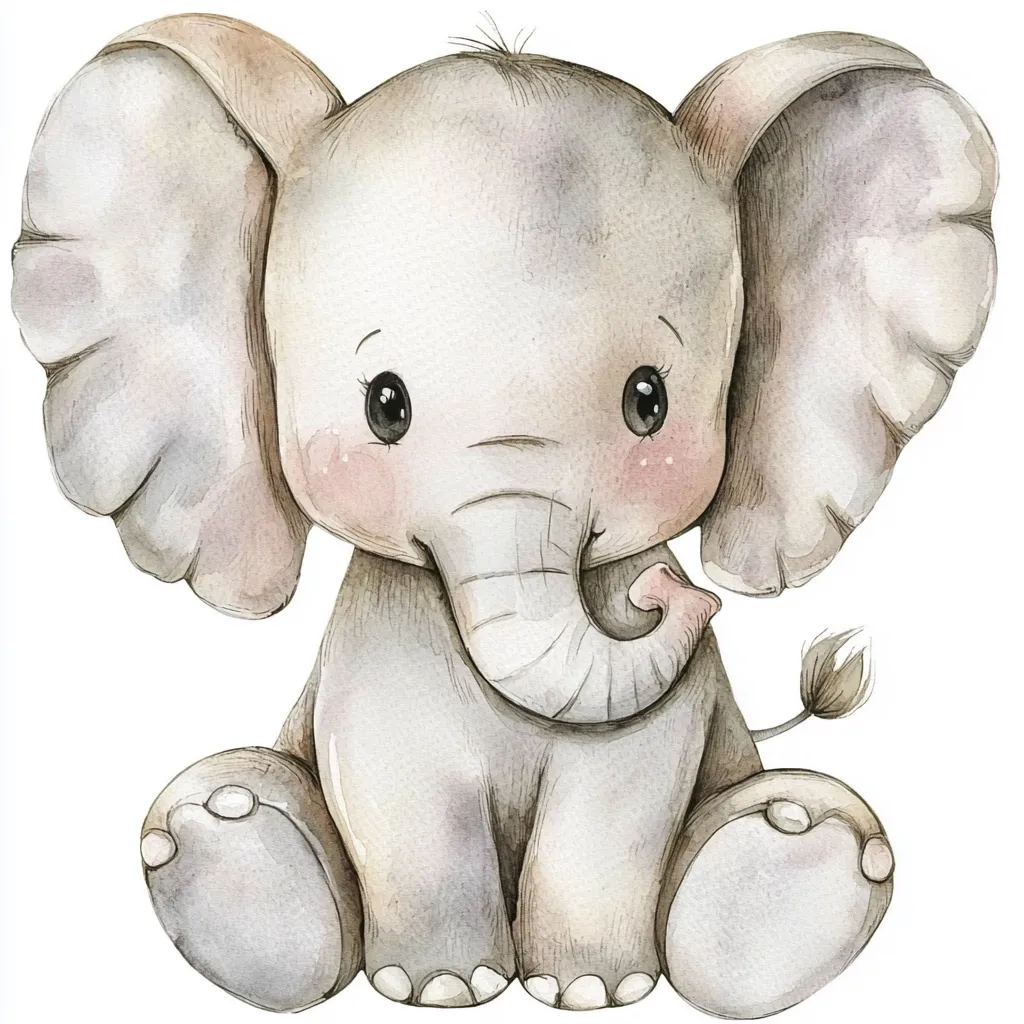 A charming watercolor illustration depicts a baby elephant sitting.  Its large ears are delicately rendered, and its eyes are large and expressive.  Soft blush accents its cheeks, and its trunk is curled slightly upward. The elephant's overall style is cute and endearing, suitable for children's books or nursery decor. The muted color palette adds to its gentle and sweet appeal.