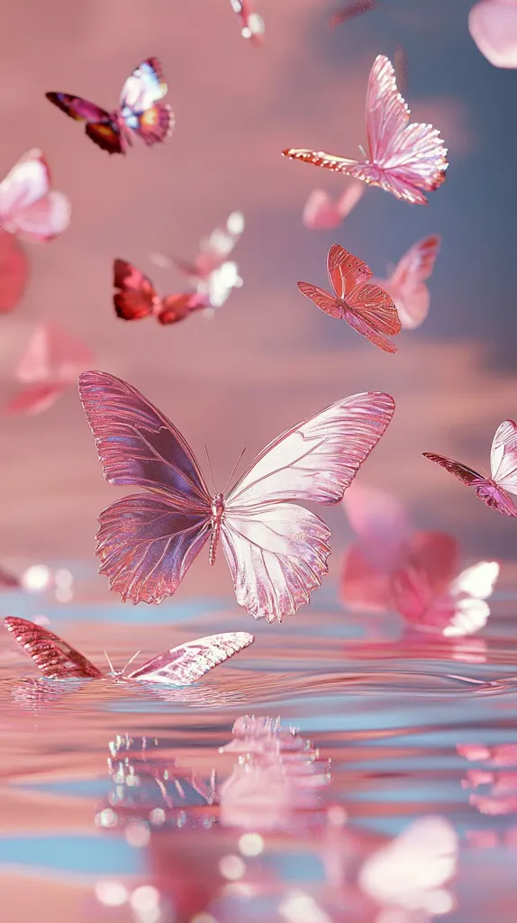 A whimsical image showcasing numerous delicate pink butterflies in flight above a shimmering, reflective water surface. The butterflies, rendered in soft pastel hues, appear ethereal and weightless, creating a dreamy and serene atmosphere.  The overall aesthetic is feminine and enchanting, with a focus on soft colors and gentle movement.