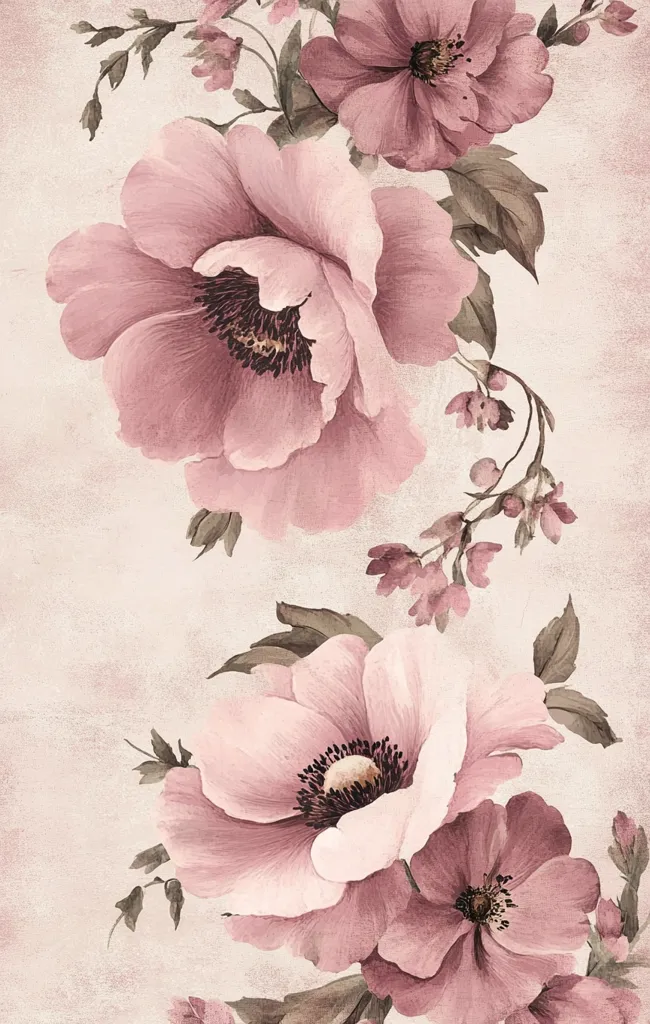 A vertical image showcases a watercolor-style floral arrangement.  Delicate pink blossoms, possibly anemones, dominate the composition, their soft petals rendered with subtle shading. Smaller pink flowers and buds intertwine with the larger blooms, creating a flowing, romantic design against a muted beige background.  The style evokes a vintage or antique aesthetic.