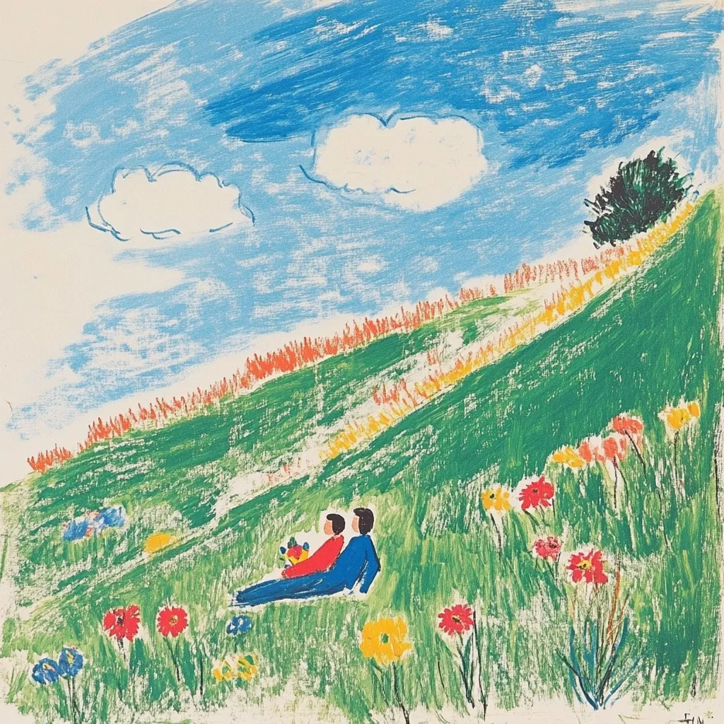 A vibrant, childlike painting depicts a couple sitting on a grassy hillside, surrounded by colorful wildflowers.  The hill slopes gently upward under a bright blue sky dotted with fluffy white clouds.  The style is naive and expressive, using bold strokes of color to create a joyful, idyllic scene. A small, dark tree is visible on the upper right. The couple holds a small bouquet of flowers.