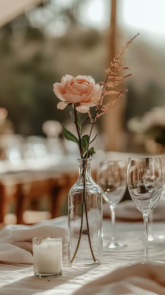 A delicate peach-colored peony and airy dried grasses are arranged in a clear glass bottle, forming a simple yet elegant centerpiece.  The floral arrangement sits on a linen-covered table, accompanied by a small candle and partially visible wine glasses, suggesting a relaxed yet refined outdoor setting.  The soft lighting enhances the natural beauty of the flowers and the overall ambiance.