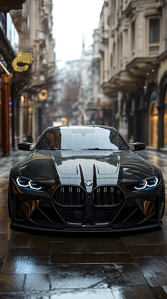 A sleek, black BMW M8 Gran Coupe is parked on a rain-slicked city street.  The car's headlights gleam, reflecting the wet pavement. The background is blurred, showcasing a European-style street with ornate buildings. Rain droplets cover the car's hood, adding to its sophisticated and luxurious appearance. The image conveys a sense of urban elegance and high-performance automotive design.