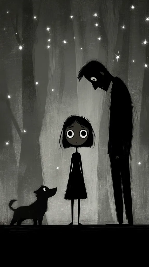 A grayscale illustration depicts a girl, a man, and a small dog standing in a moonlit forest.  The figures are stylized, with simple features and dark outlines. The girl looks up at the man, who appears somber.  The dog looks towards the girl. The overall mood is melancholic and mysterious, accentuated by the dark background and twinkling lights.