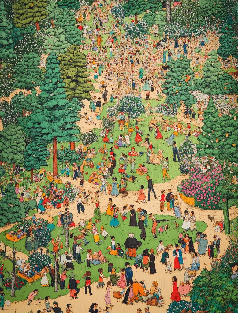 A vibrant illustration depicts a bustling park scene brimming with numerous people engaged in various activities.  Children play, adults stroll, and couples relax amidst lush greenery, flowering shrubs, and mature trees.  The winding paths create a dynamic composition, showcasing a lively social gathering in a picturesque setting.  The detailed artwork uses a colorful palette, conveying a sense of joyous activity and community.