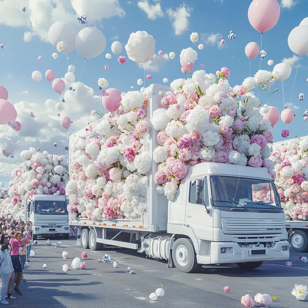 Two large trucks are overflowing with masses of pink and white peonies.  They are surrounded by floating balloons in coordinating colors, creating a whimsical and festive scene. Spectators line the street, observing the floral spectacle.  The overall effect is one of dreamy, romantic beauty.