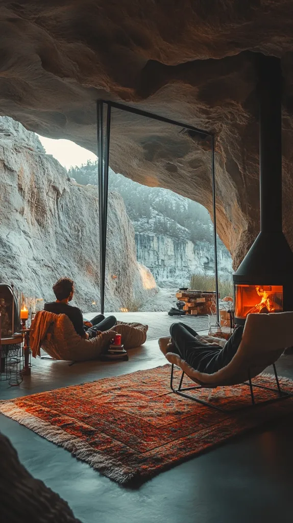 A cozy cave dwelling boasts stunning mountain views through a large window. Two people relax in comfortable armchairs, a warm fire crackles in a modern fireplace, and a richly colored rug anchors the space.  The minimalist design complements the rugged natural beauty of the cave, creating a serene and inviting atmosphere.  Candles add a touch of ambiance to the unique living space.