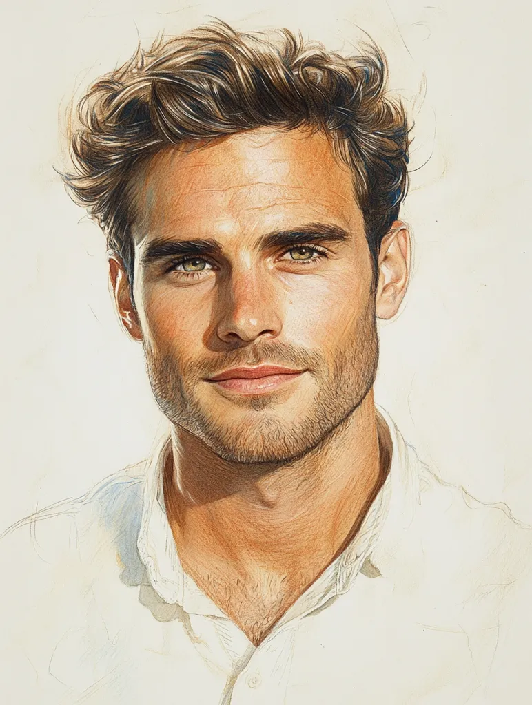 A detailed colored pencil portrait depicts a young man with light brown, wavy hair.  He has a well-groomed beard and mustache, and his light-colored eyes are captivating.  His expression is pleasant and relaxed. He is wearing a light-colored, open-collared shirt, suggesting a casual and approachable demeanor. The artist has captured subtle details of his skin texture and hair.