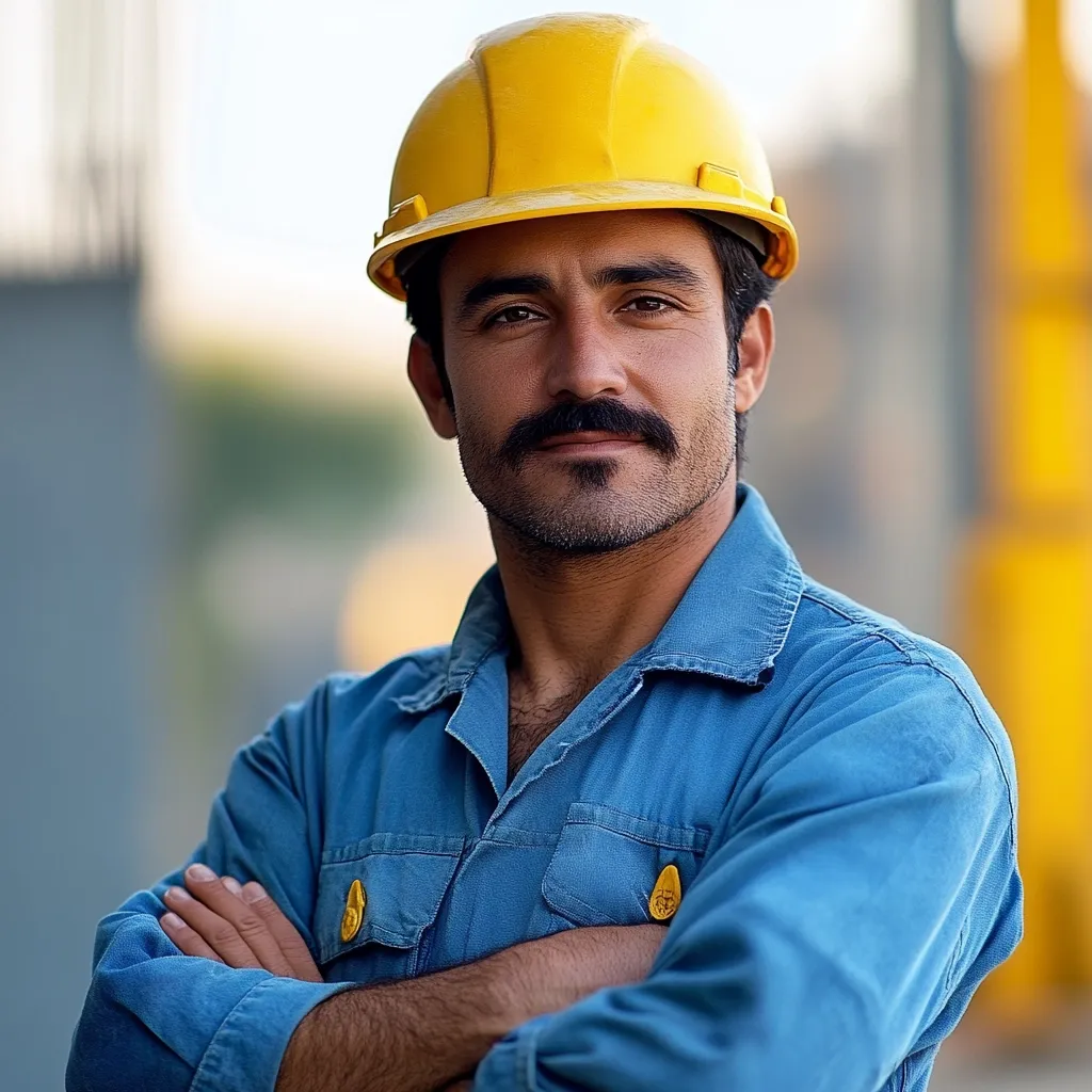 A man with a mustache, wearing a yellow hard hat and blue work overalls, stands with his arms crossed.  He has a serious expression and looks directly at the camera. The background is blurred, suggesting an industrial or construction setting.  His confident posture conveys professionalism and skill.