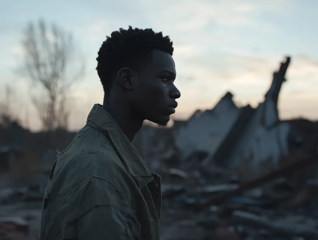 A young Black man, wearing a green jacket, stands in profile against a blurred background of a devastated landscape.  The ruins of buildings are visible, suggesting a scene of destruction or aftermath. The man's expression is serious and contemplative, his gaze directed to the right. The overall mood is somber and reflective.  The setting appears to be dusk or dawn.