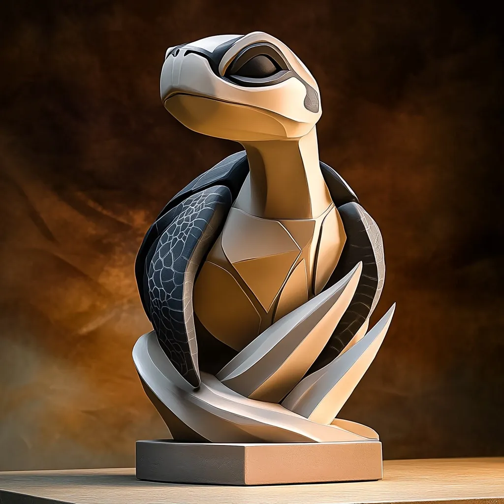 A stylized turtle sculpture is presented, its form a blend of geometric and organic shapes.  The turtle's shell is dark, textured, and contrasts with the light beige, almost metallic body.  The base is a modern, abstract design with sharp, angular elements. The overall aesthetic is sleek and sophisticated, combining futuristic design with a natural subject. The lighting highlights the sculpture's texture and form, creating a dramatic effect.