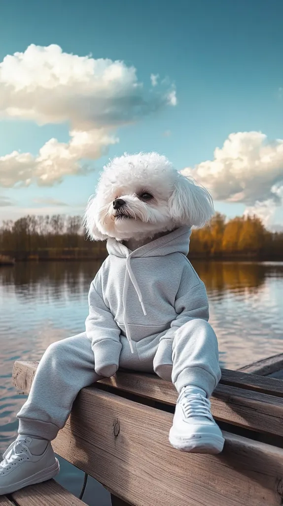 A fluffy white Bichon Frise dog sits on a wooden bench by a calm lake, dressed in a light grey hoodie and matching sweatpants.  The dog wears white sneakers and gazes thoughtfully towards the water under a partly cloudy blue sky.  The scene is peaceful and idyllic, with autumnal colors visible in the background.