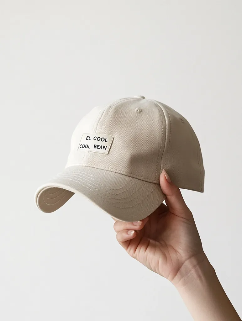 A beige baseball cap with a small rectangular patch reading "EL COOL COOL BEAN" is held in a hand against a white background. The cap is simple and understated, showcasing a minimalist design. The neutral color and clean font create a casual yet stylish look.  The image focuses on the cap and hand, highlighting the texture of the fabric.