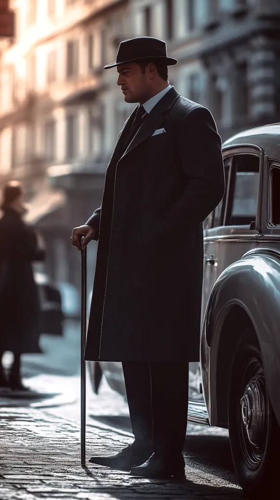 A man in a long dark coat and fedora stands on a cobblestone street, leaning on a cane.  He's dressed in classic 1930s-style attire, his posture suggesting seriousness or contemplation.  A vintage car is parked behind him, partially visible. The background is blurred, showing a city street with buildings.  The scene has a moody, atmospheric quality.