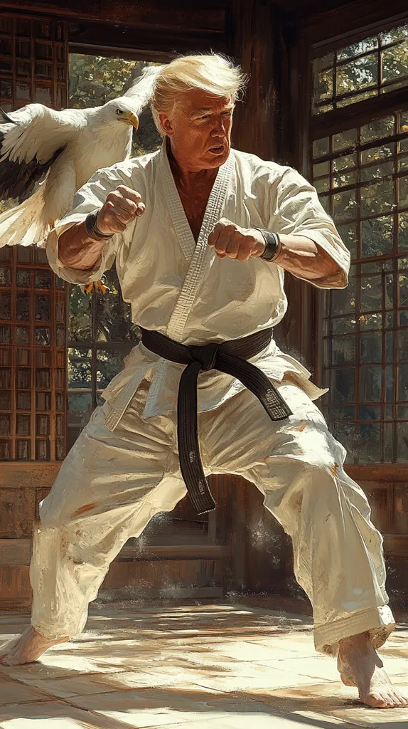 The painting depicts Donald Trump in a karate gi, a black belt tied around his waist.  A bald eagle perches on his shoulder.  He adopts a karate stance, fists raised, in a sunlit dojo. The setting is traditional Japanese architecture with large windows allowing sunlight to filter through.  The overall impression is one of strength and power.
