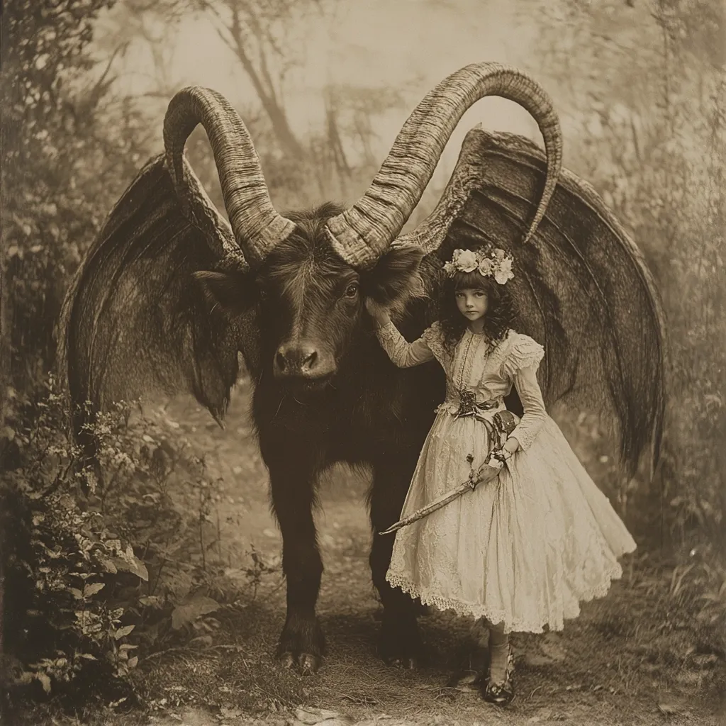 A sepia-toned photograph depicts a young girl in a long, lace dress standing beside a large, dark-colored creature. The creature possesses immense, curved horns and leathery, bat-like wings, giving it a fantastical, almost demonic appearance.  The girl holds a small, ornate dagger. The background suggests a wooded setting, enhancing the mystical atmosphere of the image.  The overall style evokes a vintage, fairytale-like quality.