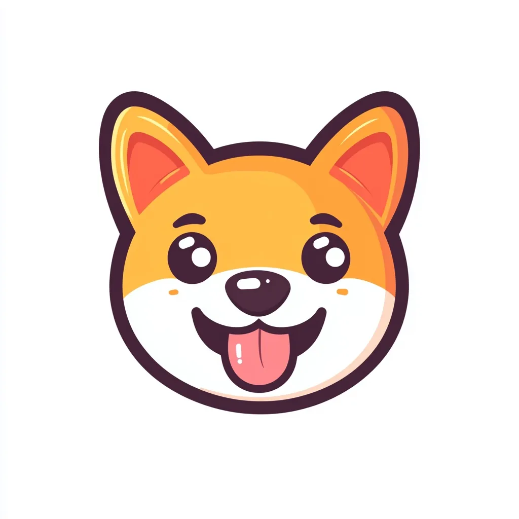 A cartoon Shiba Inu dog's face is presented.  The dog has large, expressive eyes, a happy smile, and its tongue is sticking out. The style is cute and playful, with bold outlines and vibrant orange coloring. The image is simple and clean, suitable for branding or a logo.