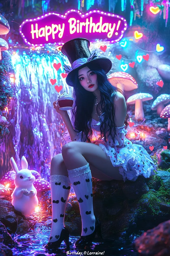 A young woman, styled as Alice in Wonderland, sits by a waterfall in a whimsical, neon-lit forest.  She wears a top hat, white dress, and heart-patterned socks, holding a cupcake.  A glowing "Happy Birthday!" sign and floating hearts add to the magical, birthday-themed scene. A white rabbit sits beside her.  The overall aesthetic is vibrant and fantastical.