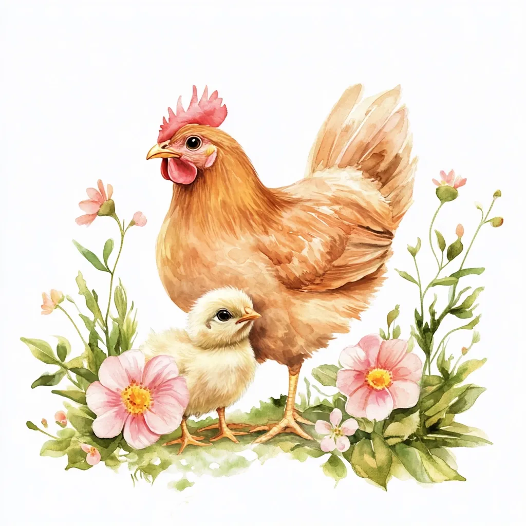 A watercolor painting depicts a hen and chick nestled amongst delicate pink flowers and lush green foliage. The hen, a warm light brown, stands protectively over her fluffy yellow chick.  The scene is peaceful and idyllic, evoking a feeling of springtime and new life.  The soft colors and detailed brushstrokes create a charming and heartwarming image.