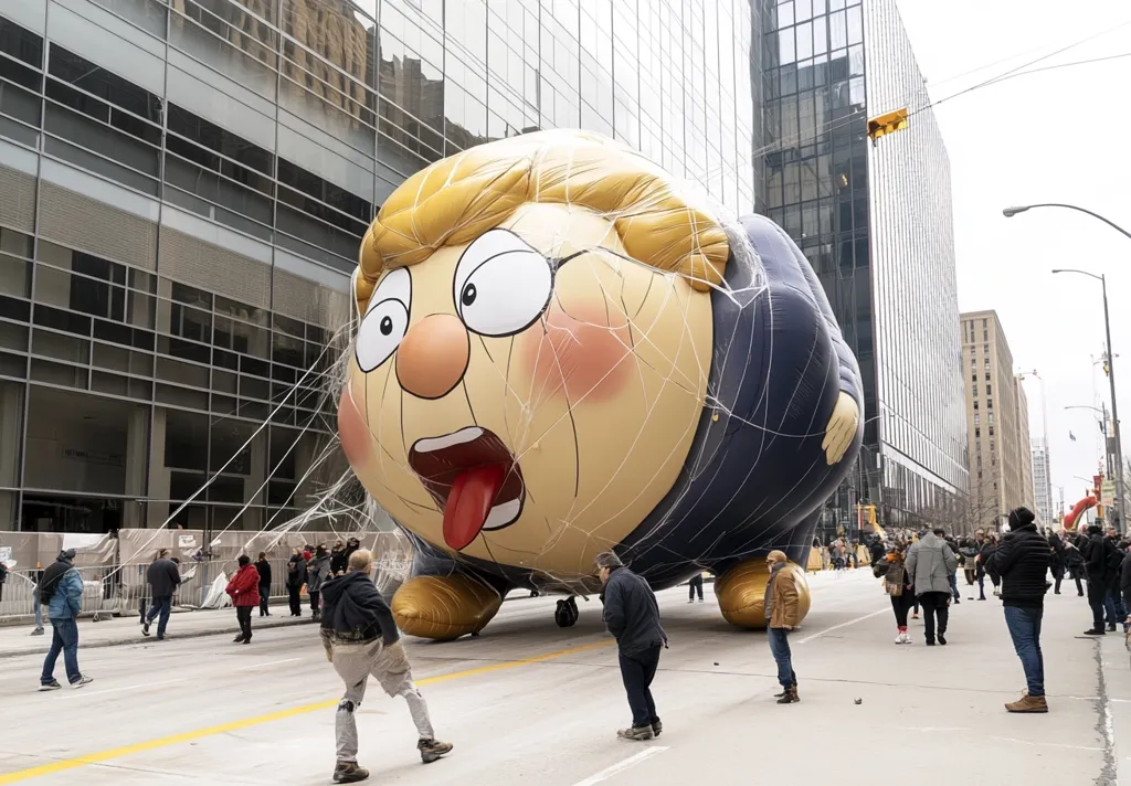 A large, cartoonish balloon depicting a surprised, elderly woman with blonde hair and a sticking-out tongue is being prepped for a parade.  The balloon is secured with numerous white ropes, and several people are visible around it, presumably preparing for the event. The background shows a city street with modern skyscrapers.  The overall scene suggests a festive, public event.