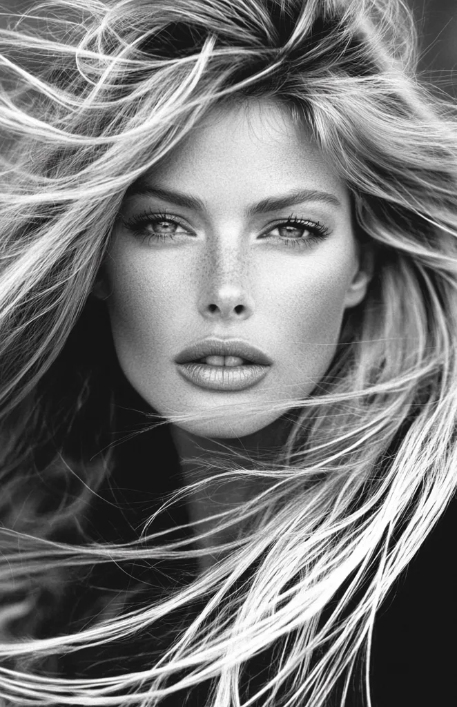 A black and white close-up portrait of a woman with long, flowing blonde hair. Her hair is tousled, suggesting movement and wind.  Her face is framed by her hair, showcasing her striking features:  full lips, expressive eyes, and subtle freckles. The overall mood is one of natural beauty and effortless elegance.