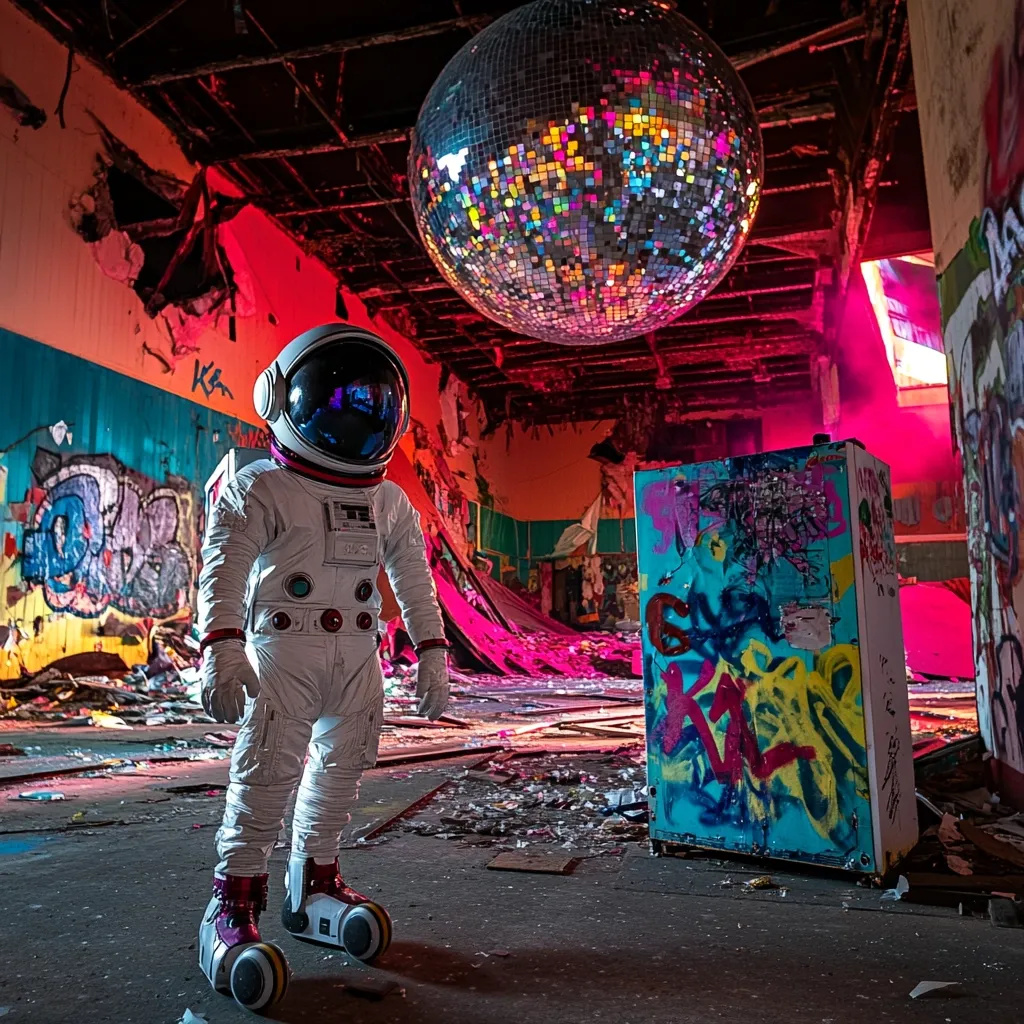 An astronaut in a spacesuit stands on roller skates within a vibrant, graffiti-covered abandoned building.  A large disco ball hangs from the ceiling, casting a colorful glow. Pink and teal hues dominate the scene, contrasting with the astronaut's white suit.  The building's decay adds a surreal, post-apocalyptic feel to the image.  The overall mood is one of unexpected juxtaposition and vibrant, artistic chaos.