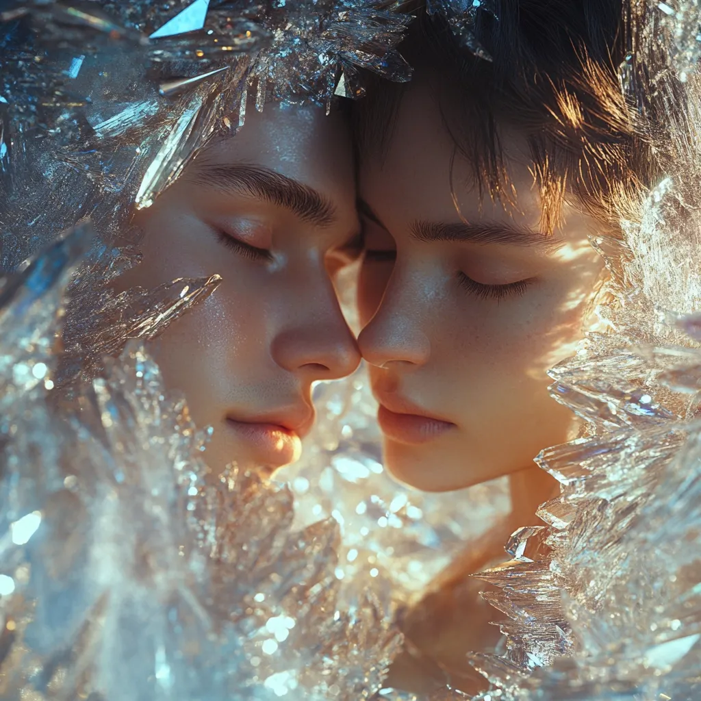 Two androgynous figures with fair skin and closed eyes are nestled together, their foreheads touching.  They are surrounded and almost enveloped by a breathtaking display of sparkling, crystalline structures, resembling ice shards or large crystals.  The image evokes a sense of ethereal beauty and intimacy, with soft, warm lighting highlighting the figures' delicate features. The overall mood is serene and magical.