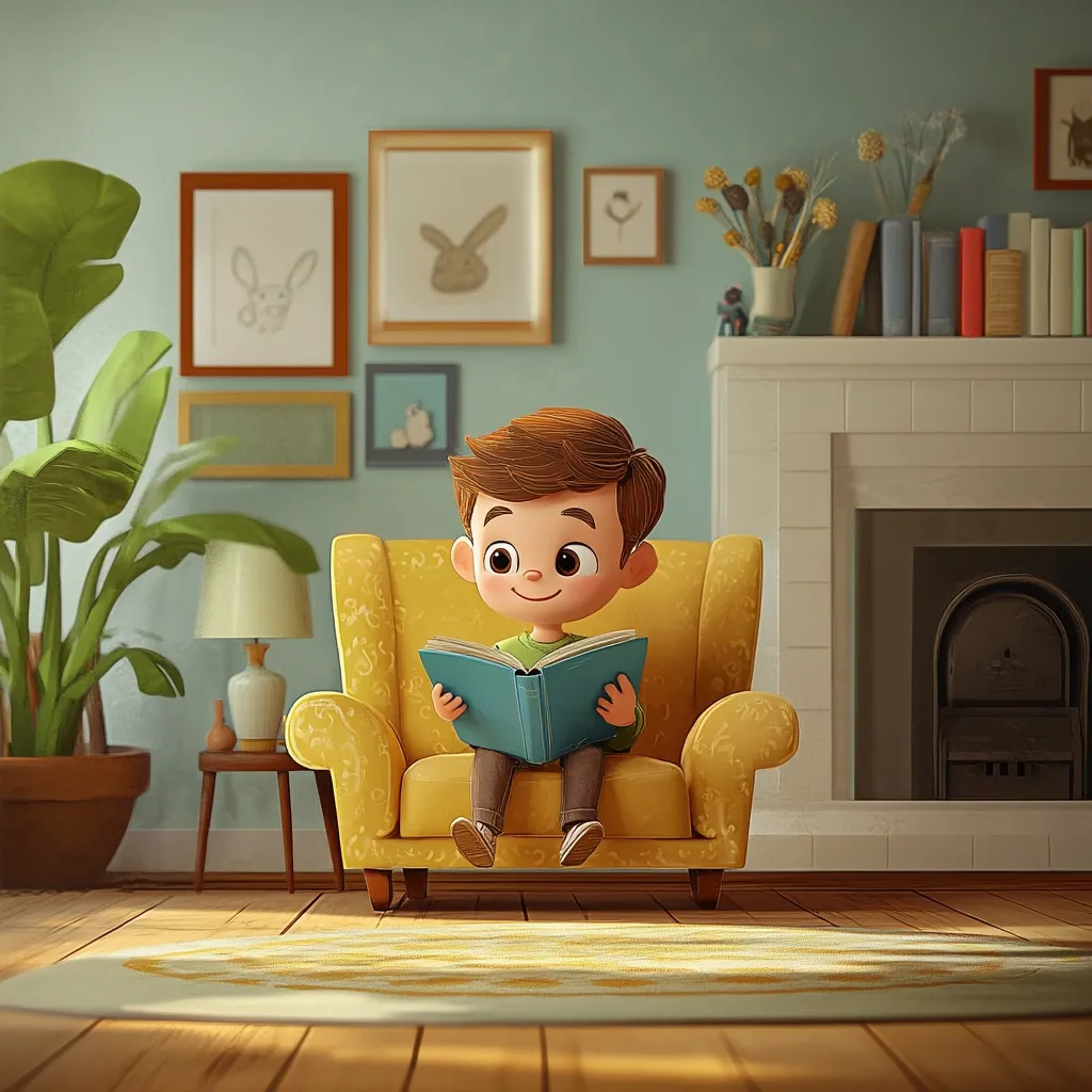 A charming illustration depicts a young boy engrossed in reading a book while seated in a yellow armchair.  The room is warm and inviting, featuring framed artwork, a fireplace, and houseplants. Sunlight streams into the room, creating a peaceful and cozy atmosphere. The boy's happy expression conveys the joy of reading.  The overall style is digitally rendered, with a soft, cartoonish aesthetic.