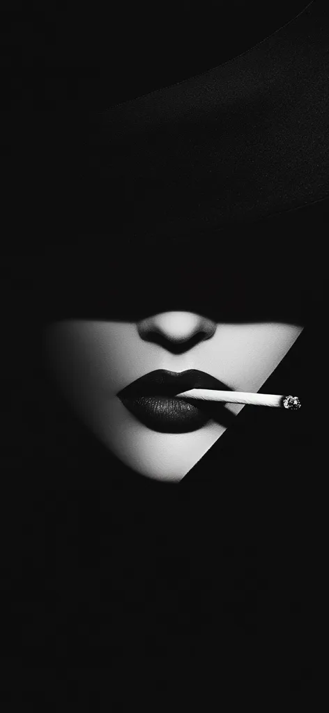 A black and white close-up photograph features a woman's face partially obscured by a dark hat or veil.  Only her eyes, nose, and lips are visible.  Her lips are dark, and she holds a cigarette between them. The image is stark and dramatic, emphasizing the mystery and allure of the subject.  The contrast between light and shadow is striking.