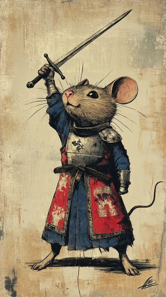 A valiant mouse, clad in medieval knight's armor, stands proudly.  The tiny warrior holds a sword aloft, its metal gleaming.  The mouse's attire is detailed, showing a dark blue tunic and a red surcoat with insignia.  The image is rendered in a style reminiscent of old parchment, adding to its whimsical yet heroic quality. The background is textured, imitating aged paper or canvas.