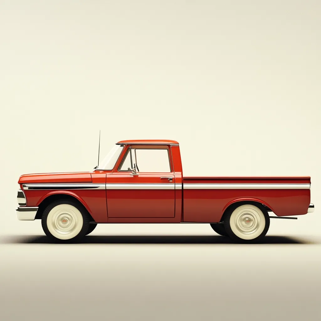 A classic red pickup truck is showcased in a side profile view against a minimalist off-white background.  The truck features a single cab, a long bed, and whitewall tires.  Its clean lines and vibrant color evoke a sense of nostalgia and Americana.  The image is sharply focused, highlighting the vehicle's details and smooth surfaces.