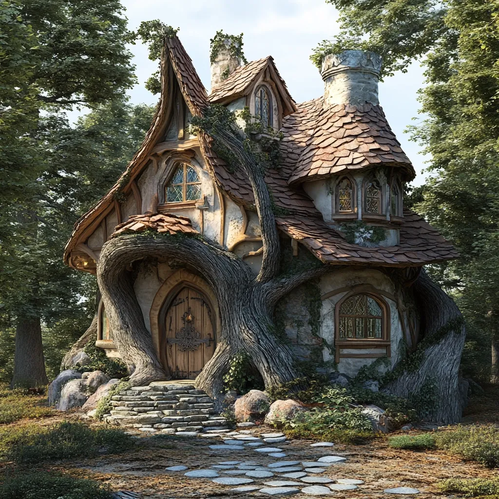A whimsical cottage, seemingly grown from the earth, nestles amidst a lush forest.  Thick, gnarled tree trunks form part of its structure, supporting a steeply pitched, terracotta-tiled roof.  Stone steps lead to an intricately carved wooden door, and arched windows add to its fairytale charm.  Ivy climbs the walls, enhancing the magical, secluded atmosphere of this enchanting woodland dwelling.
