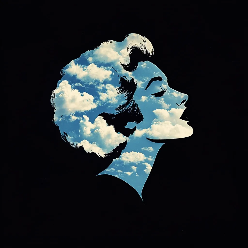 A stylized silhouette of a woman's head and shoulders, reminiscent of classic Hollywood glamour, is filled with a vibrant blue sky and fluffy white clouds.  The image is a striking juxtaposition of solid form and ethereal texture, creating a dreamy and contemplative mood. The dark background enhances the contrast, focusing attention on the woman's profile and the celestial scene within.