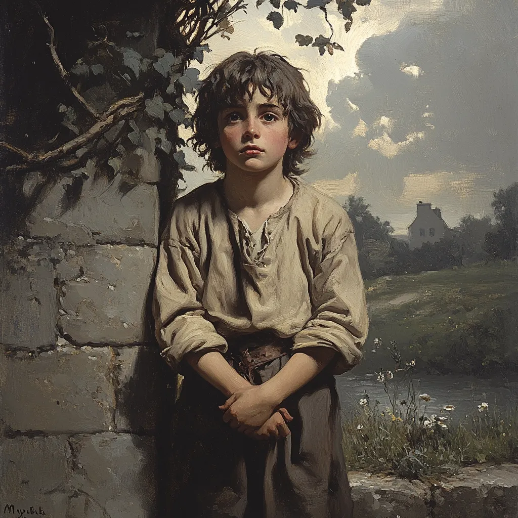 A young boy, with dark, curly hair and a somber expression, stands against a stone wall. He wears a simple, light-brown tunic and dark trousers. His hands are clasped in front of him. The background depicts a tranquil rural scene with a small house and a stream, under a cloudy sky. The overall mood of the painting is pensive and somewhat melancholic.  The lighting is soft and muted, emphasizing the boy's introspective posture.