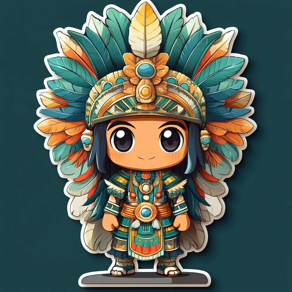 A chibi-style illustration depicts a Native American individual adorned in a vibrant headdress and traditional attire. The headdress is a magnificent display of teal, orange, and gold feathers, intricately detailed.  The character's outfit features turquoise and gold accents, reflecting a rich cultural heritage. The large, expressive eyes convey a friendly and approachable demeanor. The artwork is set against a dark teal background, enhancing the vibrancy of the colors.