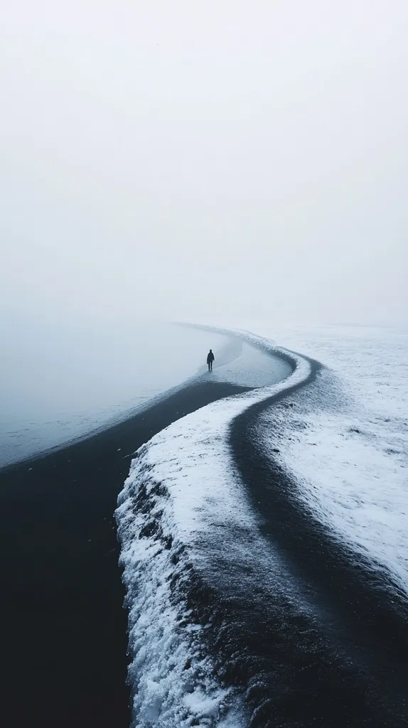 A solitary figure walks along a narrow, snow-dusted path winding through a dark, black sand beach.  The path curves towards a foggy, grey horizon, creating a sense of isolation and vastness.  The scene is monochromatic, with shades of grey, white, and black dominating the image, emphasizing the minimalist and serene atmosphere.  The overall feeling is one of quiet solitude against a stark, beautiful landscape.