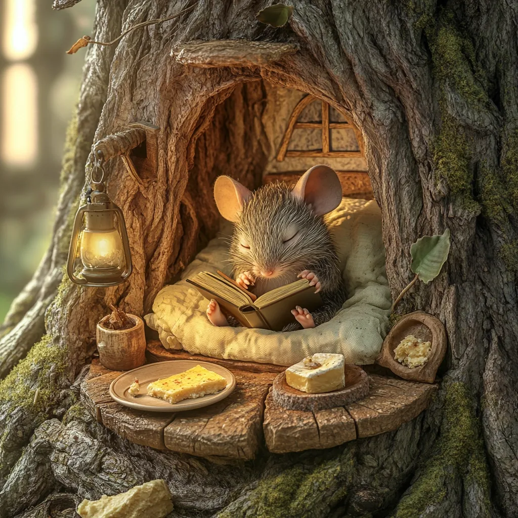 A charming illustration depicts a mouse nestled in a cozy tree hollow, engrossed in a book.  A small lantern casts a warm glow on the scene, illuminating the mouse's peaceful reading.  A wooden table holds a slice of cheese and other treats, adding to the whimsical atmosphere of the miniature forest home.  The detail is exquisite, creating a magical and enchanting image.